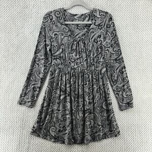 Soma Dress Women S Gray Black Paisley Print A-Line Mini Long Sleeves Scoot Neck